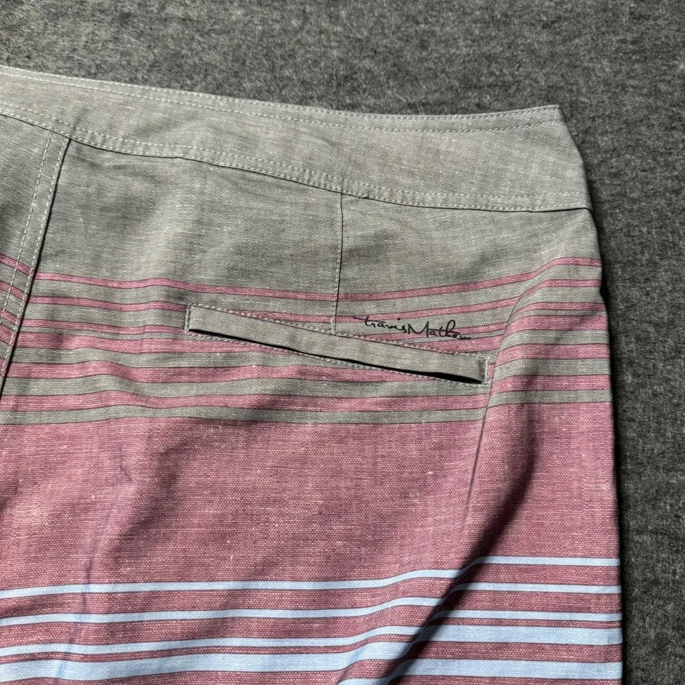 TravisMathew Mens Striped Board Shorts Grey Burgundy Blue Size 38 Swim Trunks